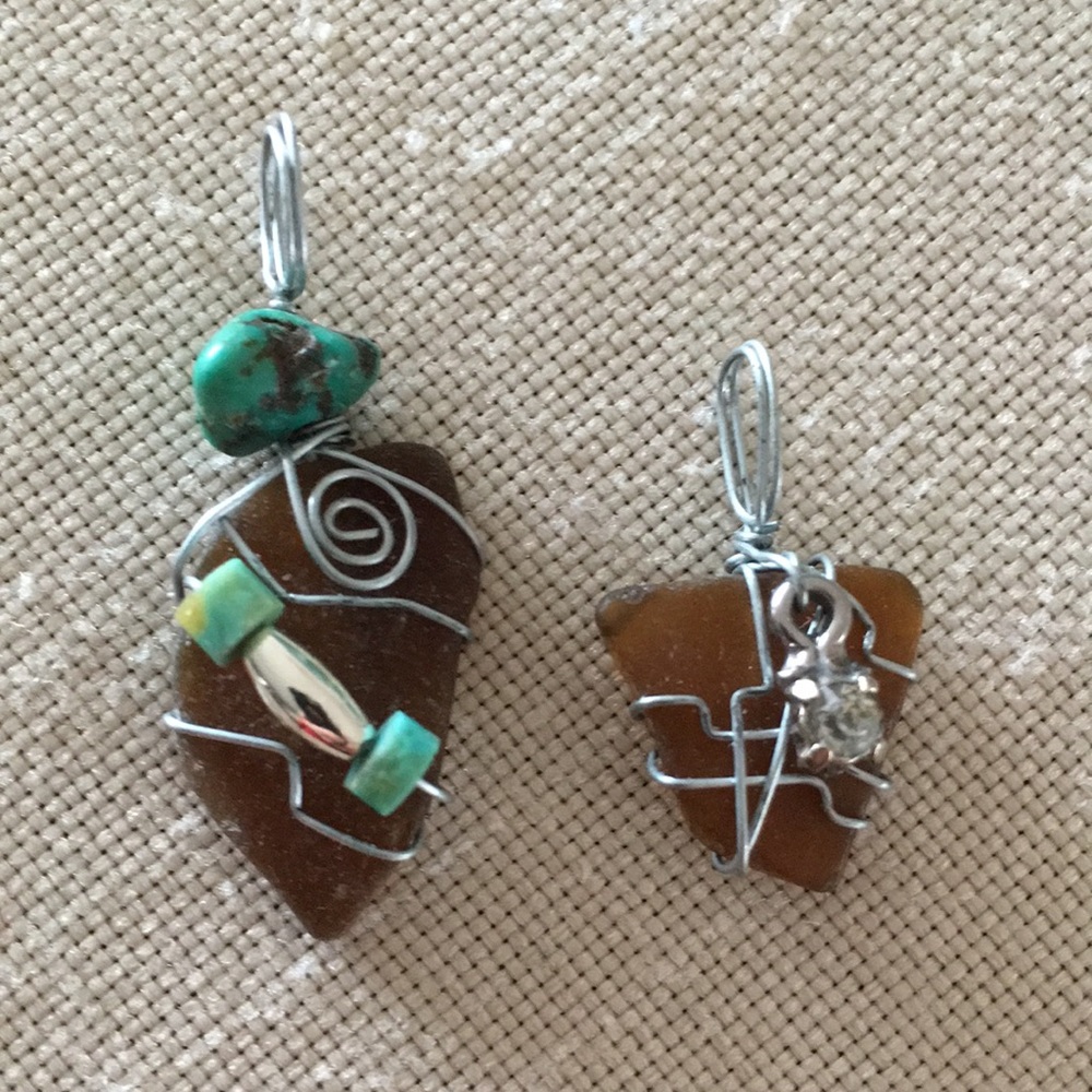 Hand Crafted Sea Glass Pendants Bundle of 2 Brown Turquoise